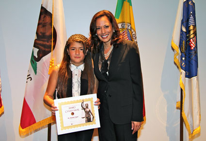 Attorney General Kamala D. Harris and Destiny Lopez, 13, of Long Beach, who received a Citizen Valor Award today