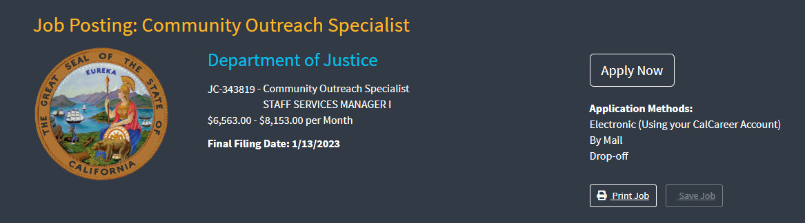 The top of a job posting page. The first line reads, "Job Posting: Community Outreach Specialist in large, orange text. Below that is "Department of Justice" followed by the job posting number (JC-343819)