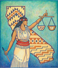 Banner - “Office of the Attorney General California Department of Justice.” seal - Office of Native American Affairs - Artwork by Lyn Risling - Native American holding scales