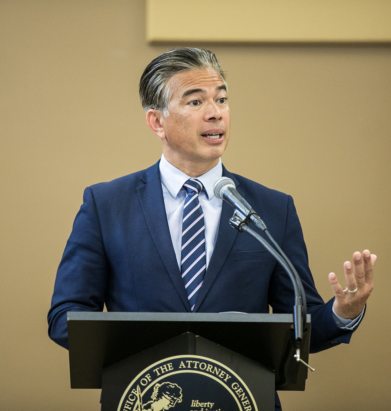 Rob Bonta speaking at a DOJ event on protecting seniors from financial fraud