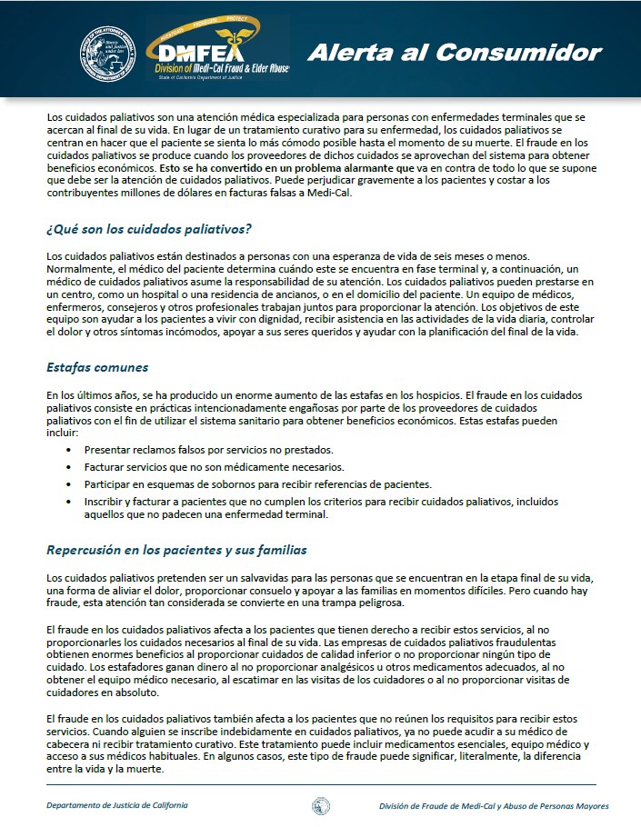 Hospice Fraud Consumer Alert (Spanish Version) Cover